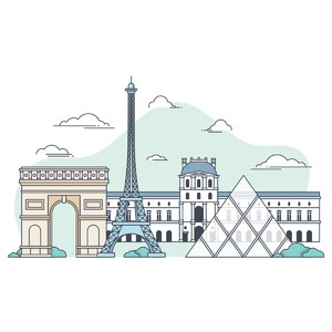 法国埃菲尔铁塔凯旋门卢浮宫城市旅游插画