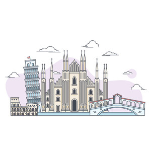 手绘意大利斜塔教堂城市标志建筑矢量图