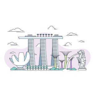 新加坡鱼尾狮公园城市地标建筑旅游插画