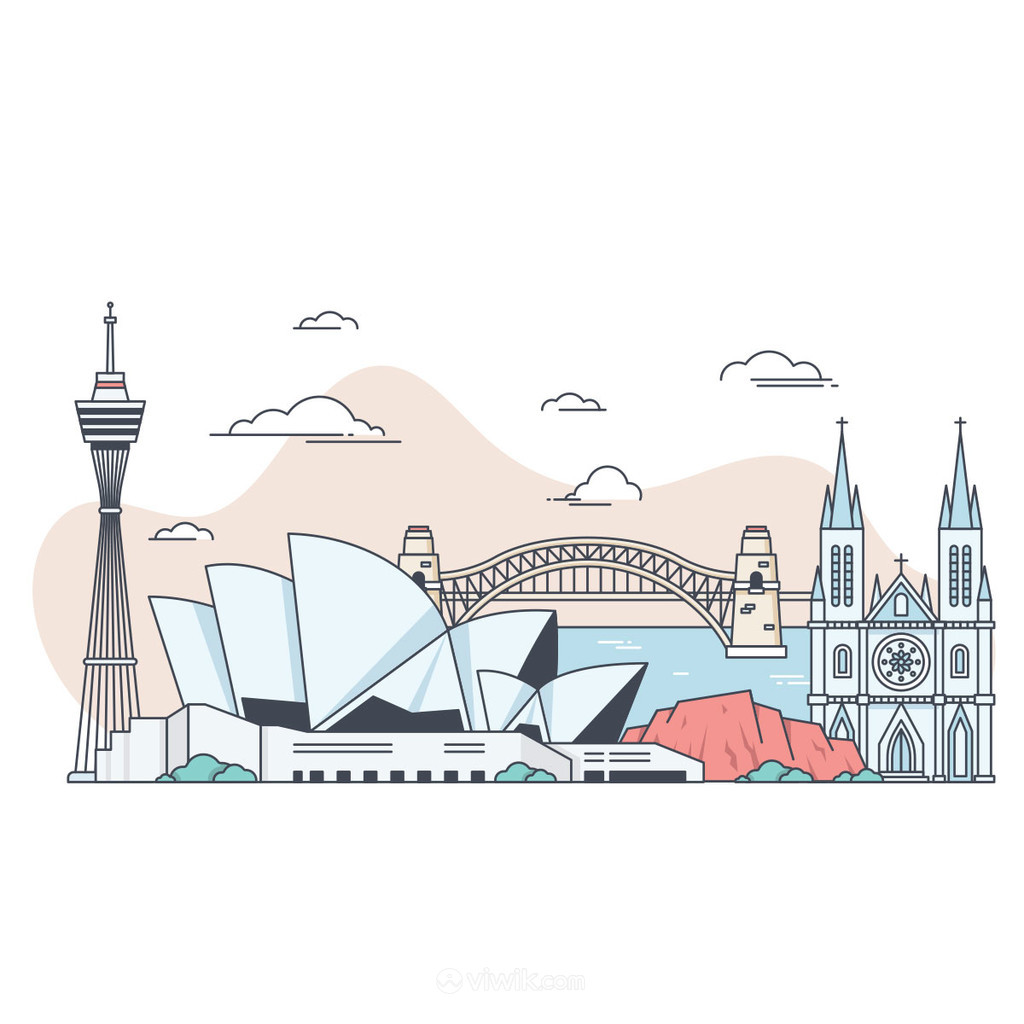 手绘悉尼歌剧院标志建筑矢量图