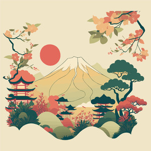 唯美手绘日本富士山风景矢量素材