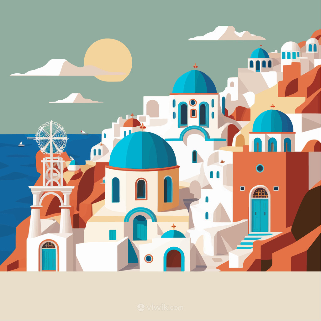 浪漫希腊爱情海建筑风景矢量素材