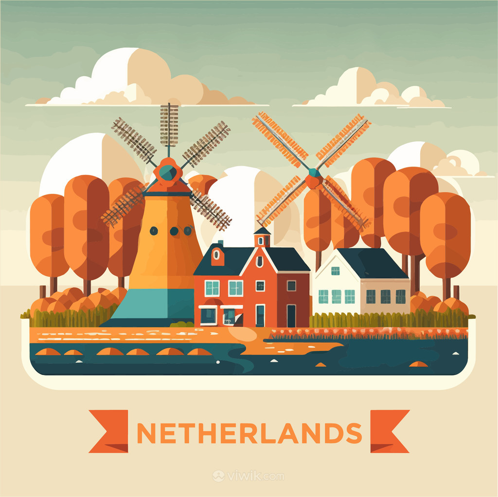 荷兰风车建筑风景矢量素材