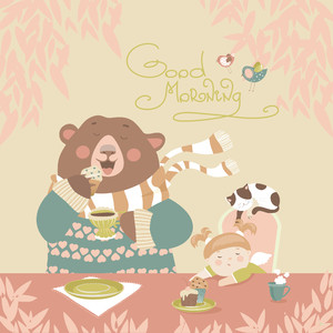温馨和小女孩共享早茶的小熊矢量素材