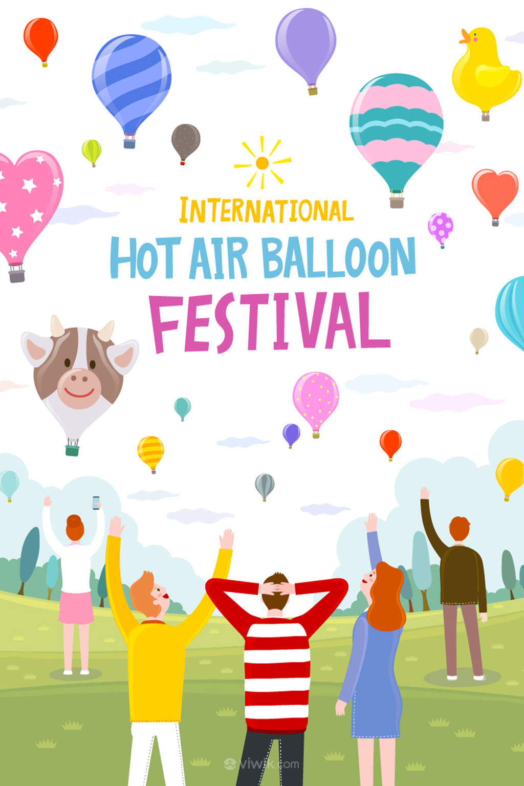 手绘彩色热气球户外活动海报素材