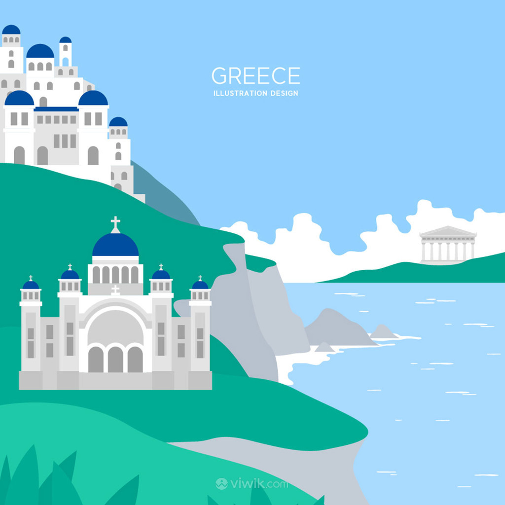 希腊城堡地中海风情矢量风景素材