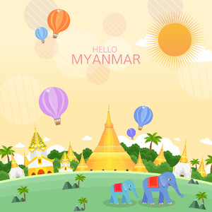 缅甸皇宫热气球大象旅游矢量素材