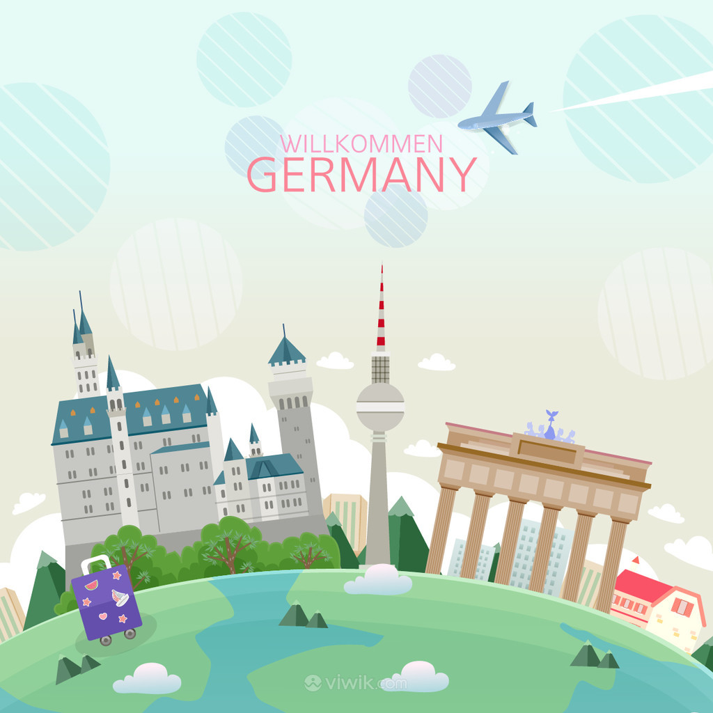 德国旅游彩色手绘地标建筑矢量素材
