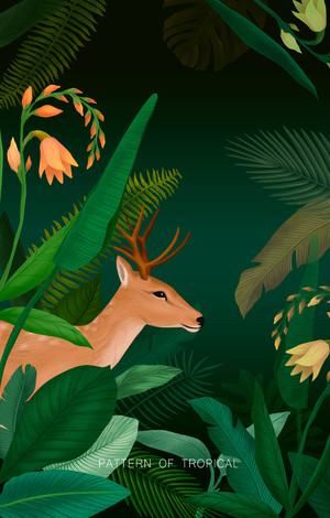 创意夏日主题热带森林麋鹿海报素材