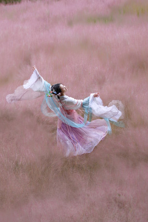 汉服艺术照写真在花海跳舞的古装美女图片