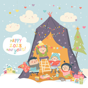 可爱卡通欢乐儿童喜迎新年矢量素材