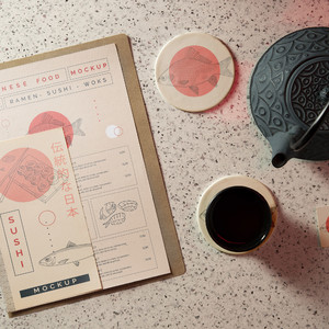 日式餐饮品牌vi菜单杯垫卡片贴图样机