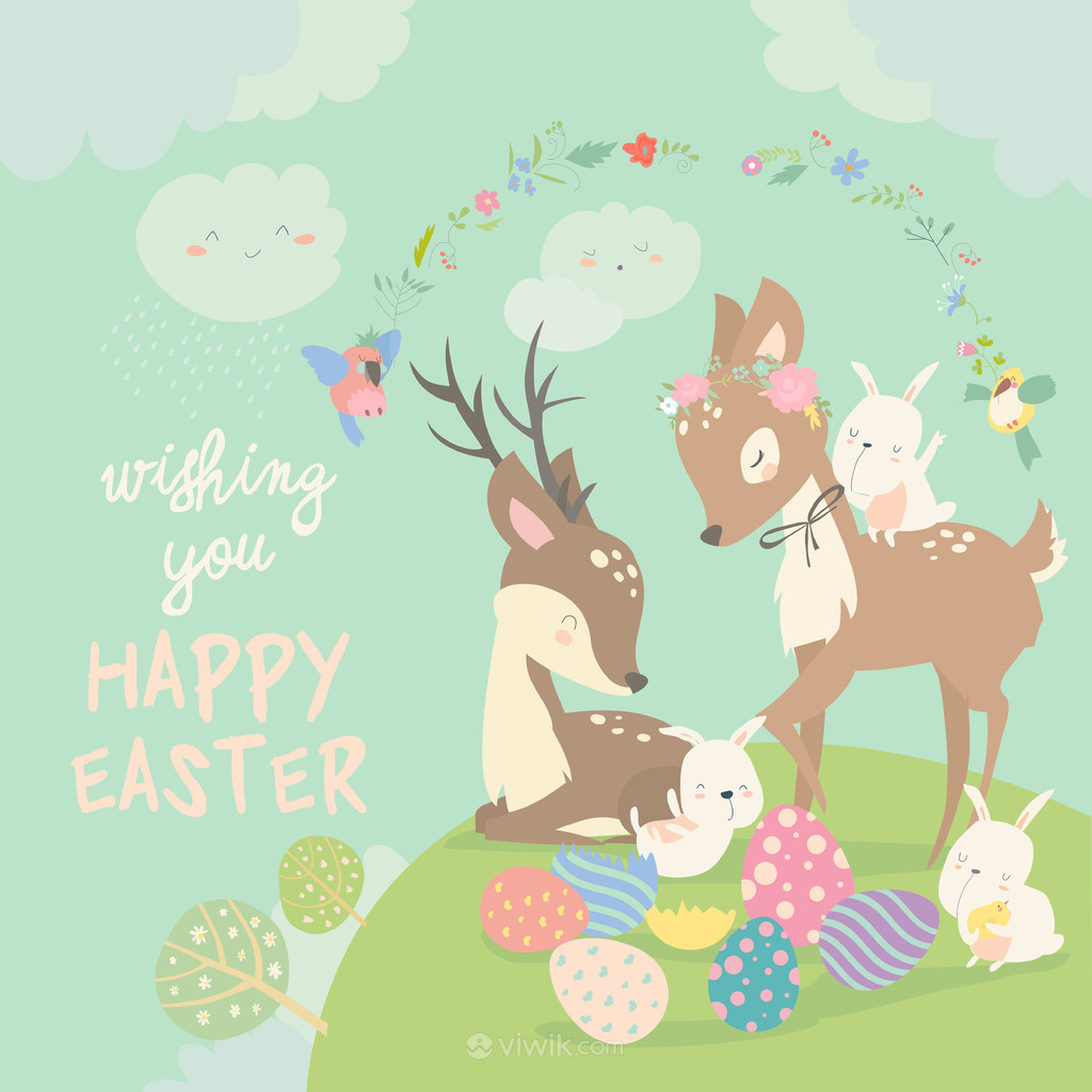 卡通小鹿兔子彩蛋复活节矢量素材