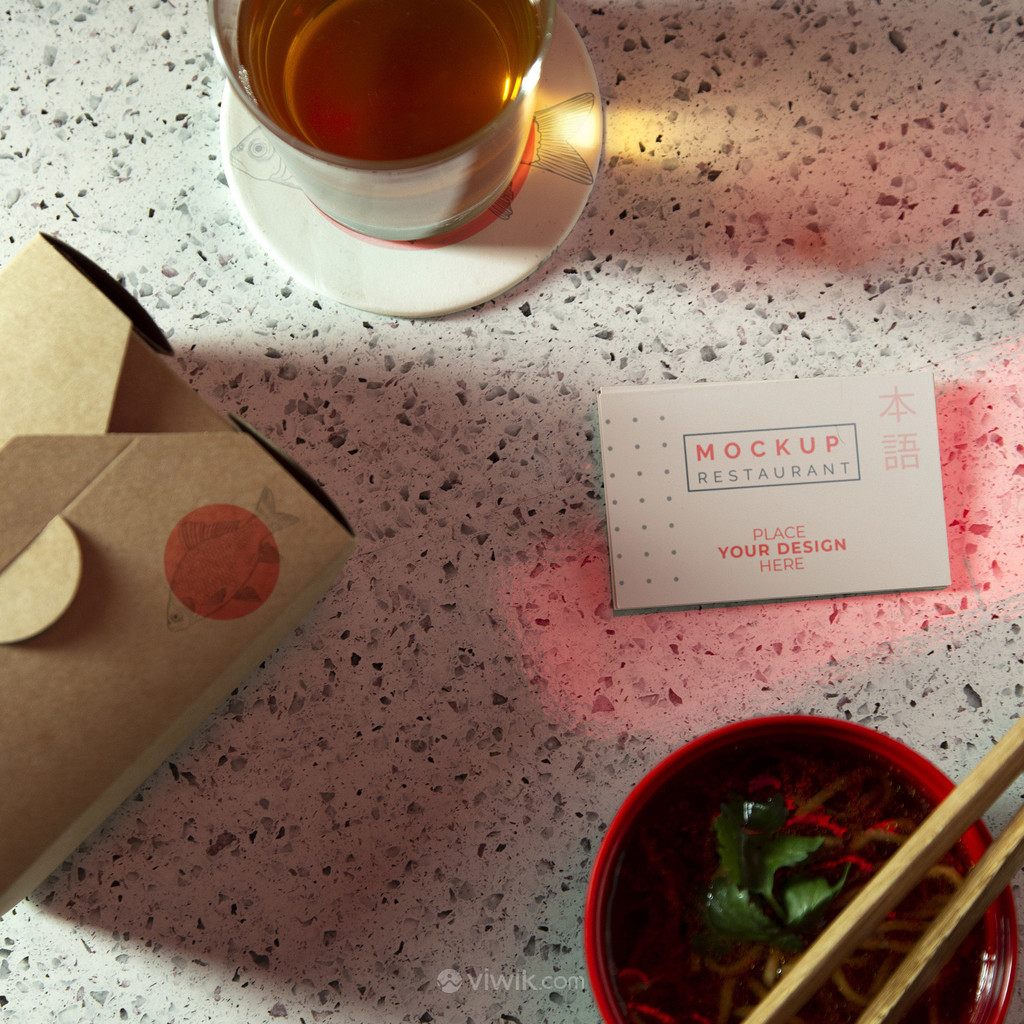 日式餐饮品牌打包盒名片贴图样机