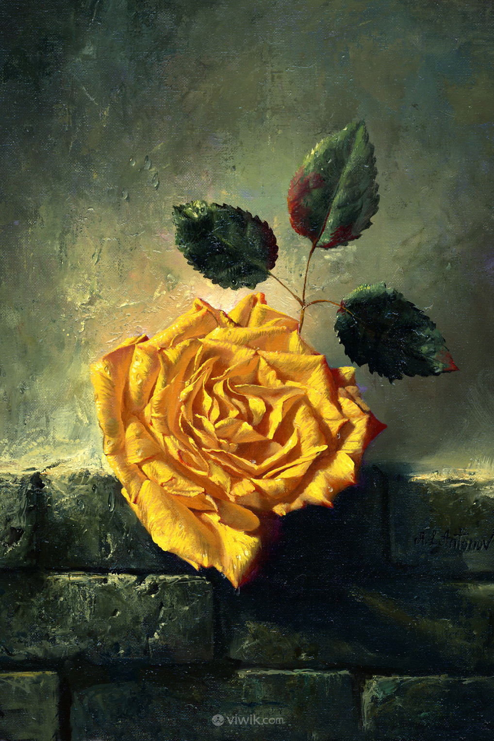 黄玫瑰古典油画花卉高清图片