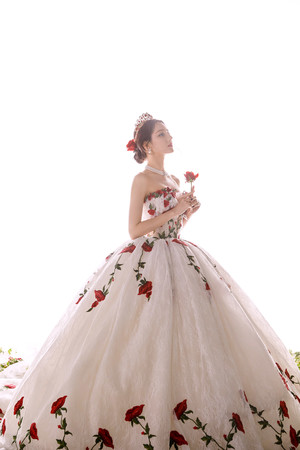 迪丽热巴玫瑰裙时尚写真气质美女明星图片