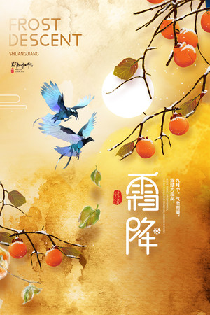 中国风柿子喜鹊霜降节气海报