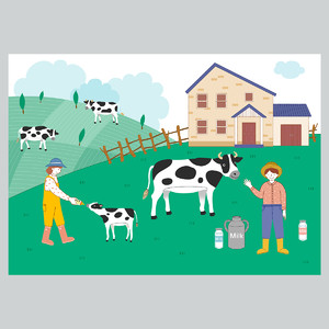 农场生活体验奶牛田园手绘插画素材