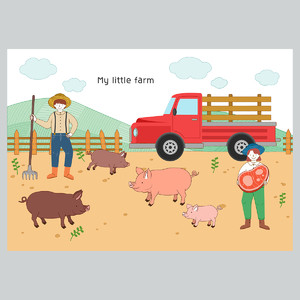 畜牧小猪农场生活手绘插画素材