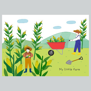 收割玉米丰收农场田园生活手绘插画素材
