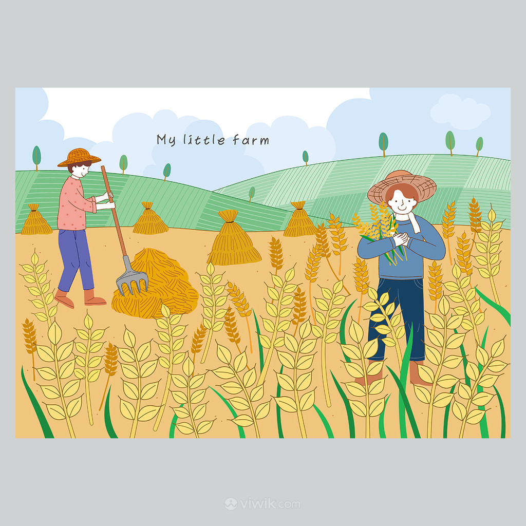秋季收割稻谷麦子田园手绘插画素材